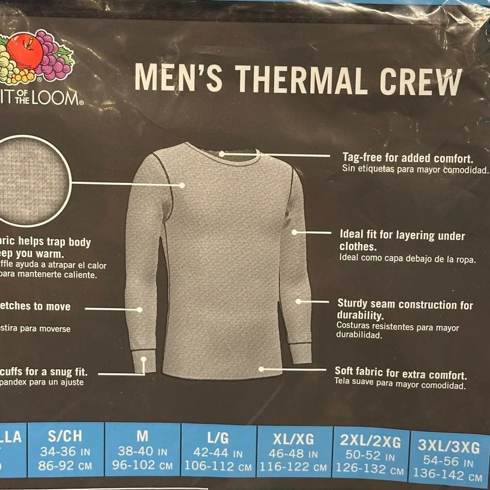 Fruit of the Loom Mens M Thermal Crew Black Waffle Knit Long Sleeve Base Layer